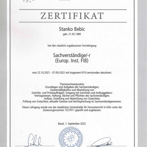 Zertifikat (Europ. Inst. IFB)