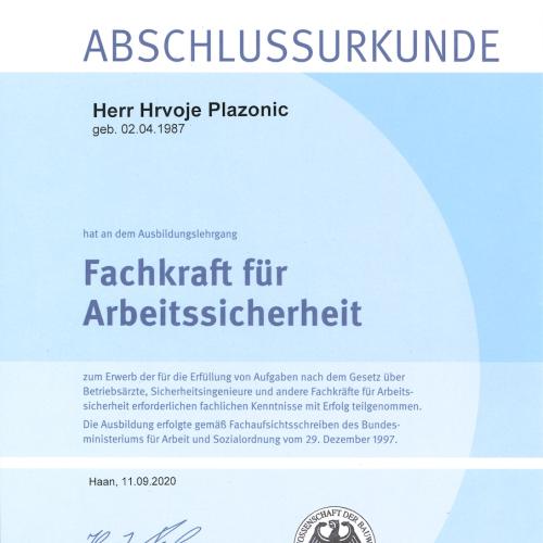 Abschlussurkunde Fachkraft für Arbeitssicherheit