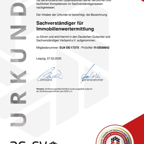 Urkunde Sachverständiger für Immobilienwertermittlung (DGuSV)