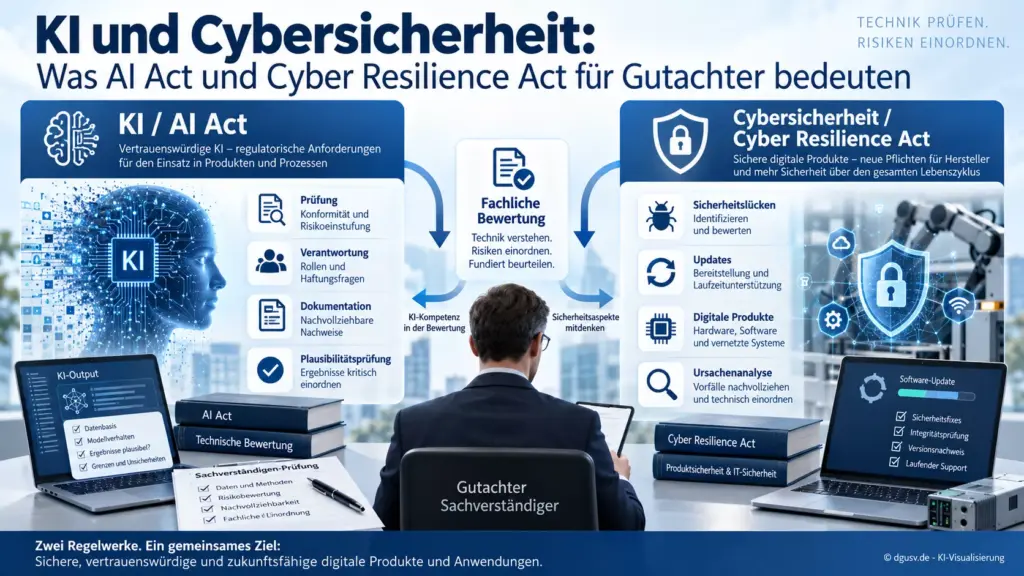 ): Infografik zum AI Act und Cyber Resilience Act für Gutachter und Sachverständige im Jahr 2026 und 2027.