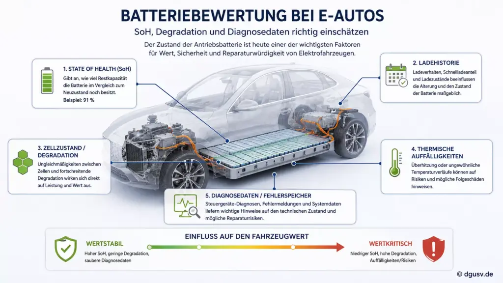 Batteriebewertung bei E-Autos: Grafik zu SoH, Degradation und Diagnosedaten für KFZ-Gutachter