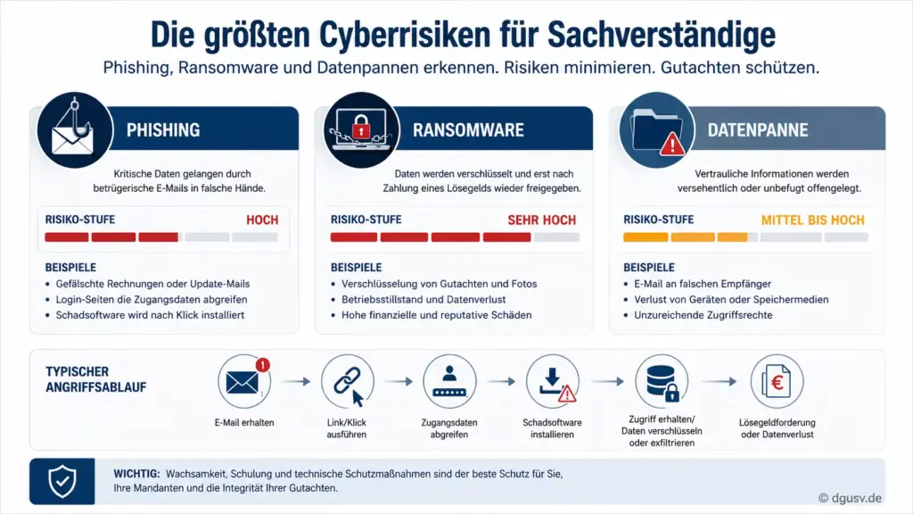 Cyberrisiken für Sachverständige durch Phishing, Ransomware und Datenpannen.
