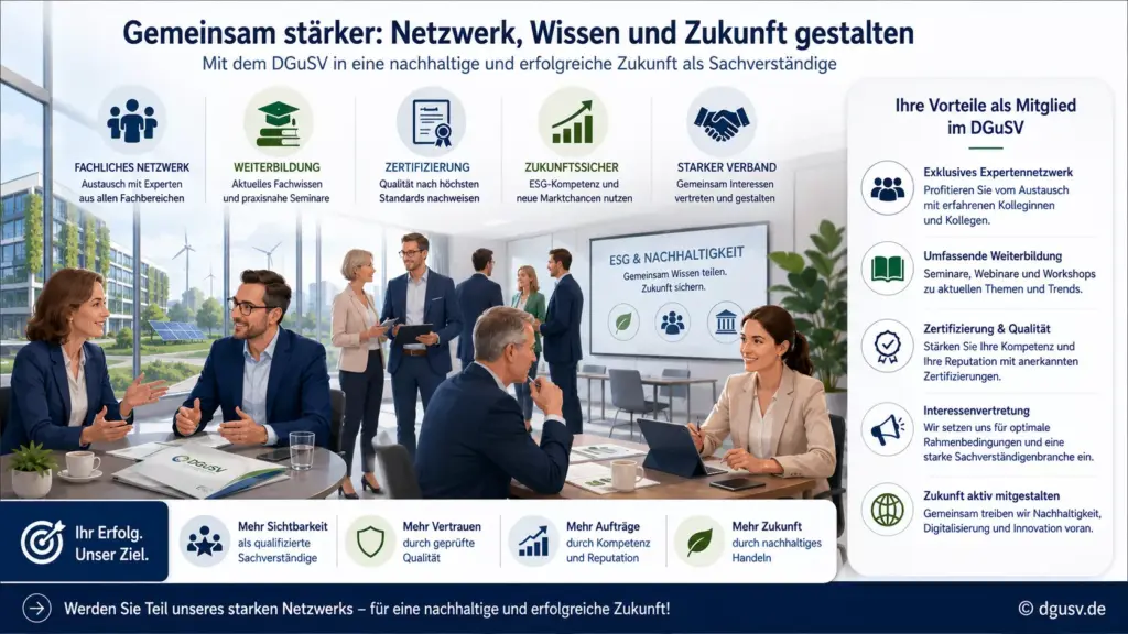 Netzwerk und Weiterbildung für Sachverständige im Kontext nachhaltiger Gutachten und ESG.