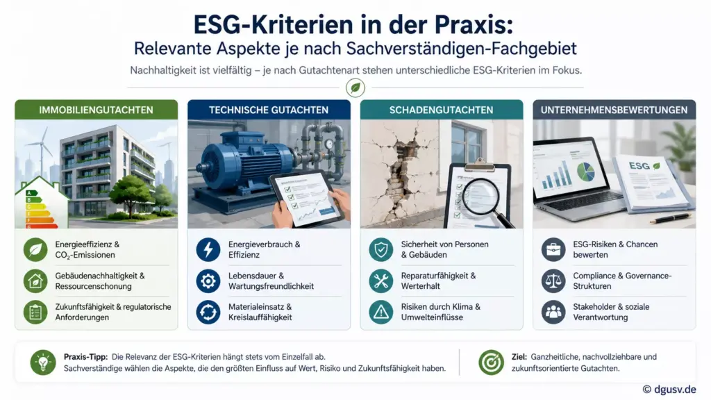 Praxisbeispiele für ESG-Kriterien in nachhaltigen Gutachten verschiedener Sachverständigenbereiche.