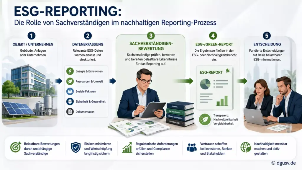 Prozessdarstellung zur Rolle von Sachverständigen im ESG-Reporting und nachhaltigen Gutachten.