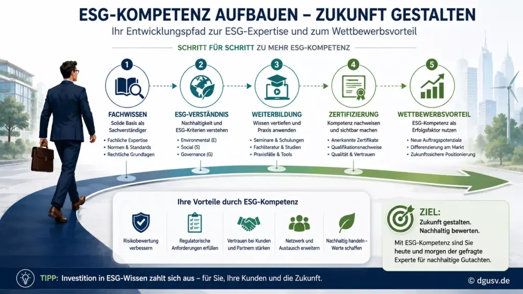 Illustration zur ESG-Weiterbildung und Qualifikation für Sachverständige als Wettbewerbsvorteil.
