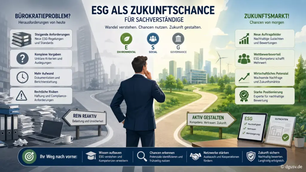 Illustration zu ESG als Zukunftschance für Sachverständige und nachhaltige Gutachten.