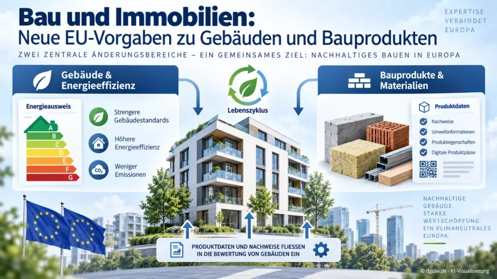 Erklärgrafik zu EU-Richtlinien für Gutachter 2026 im Bereich Bau, Gebäudeenergie und Bauprodukte.