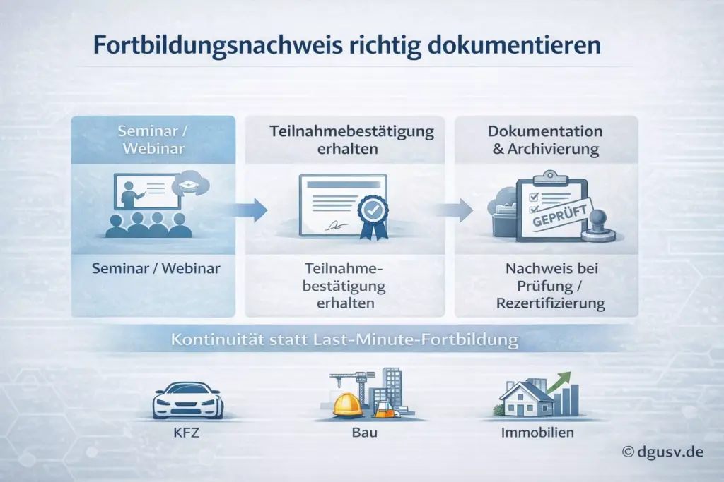 Prozessgrafik zur Dokumentation der Weiterbildungspflicht Gutachter 2026 mit Nachweispflichten und Rezertifizierung.