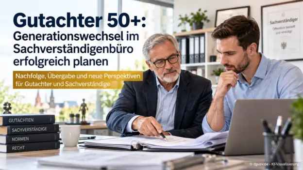 Generationswechsel im Gutachterbüro mit erfahrenem Sachverständigen und seinem Nachfolger bei der gemeinsamen Übergabe.