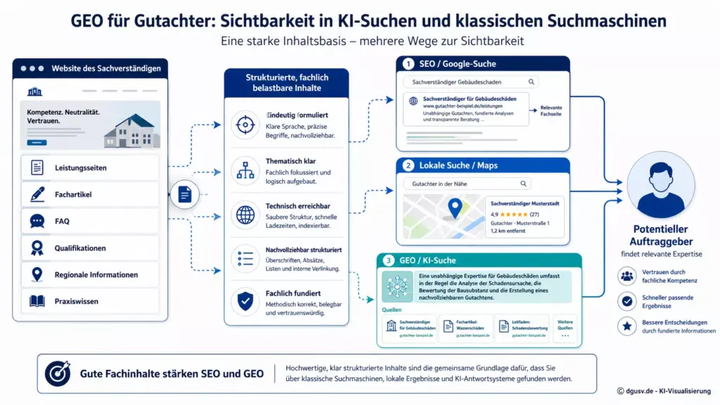 GEO für Gutachter und SEO für Sachverständige mit Fachinhalten für Google, lokale Suche und generative KI-Systeme.