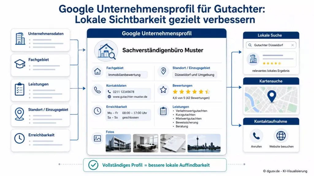 Google Unternehmensprofil für Gutachter mit Bewertungen, Standort, Leistungen und Kontaktdaten für bessere lokale Sichtbarkeit.