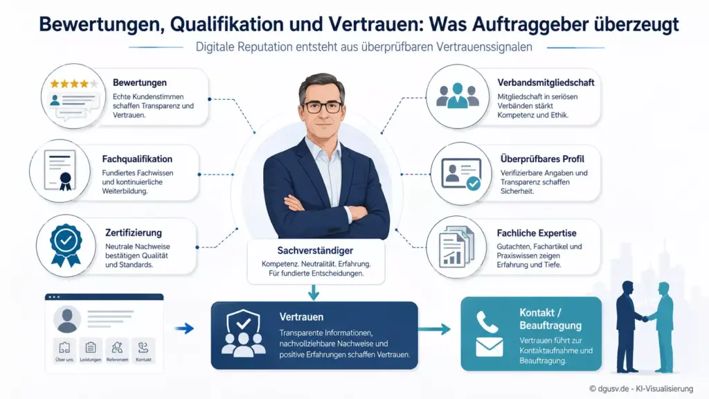 Digitale Reputation für Gutachter durch Bewertungen, Qualifikation, Zertifizierung und fachliche Vertrauenssignale.