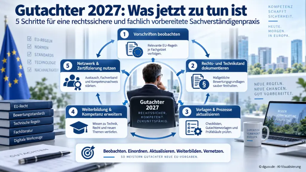 Strategiegrafik für Gutachter zur Vorbereitung auf EU-Richtlinien 2026 und 2027.