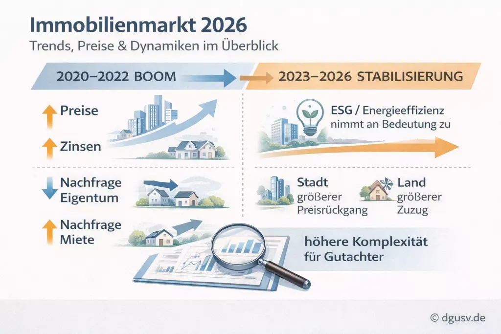 Infografik zu Immobilienmarkt 2026 mit Trends, Preisentwicklung und Auswirkungen auf Immobiliengutachten.