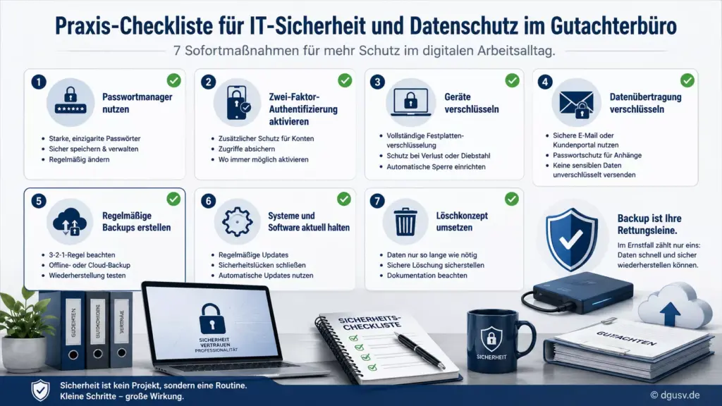 Praxis-Checkliste für IT-Sicherheit und Datenschutz im Gutachterbüro.