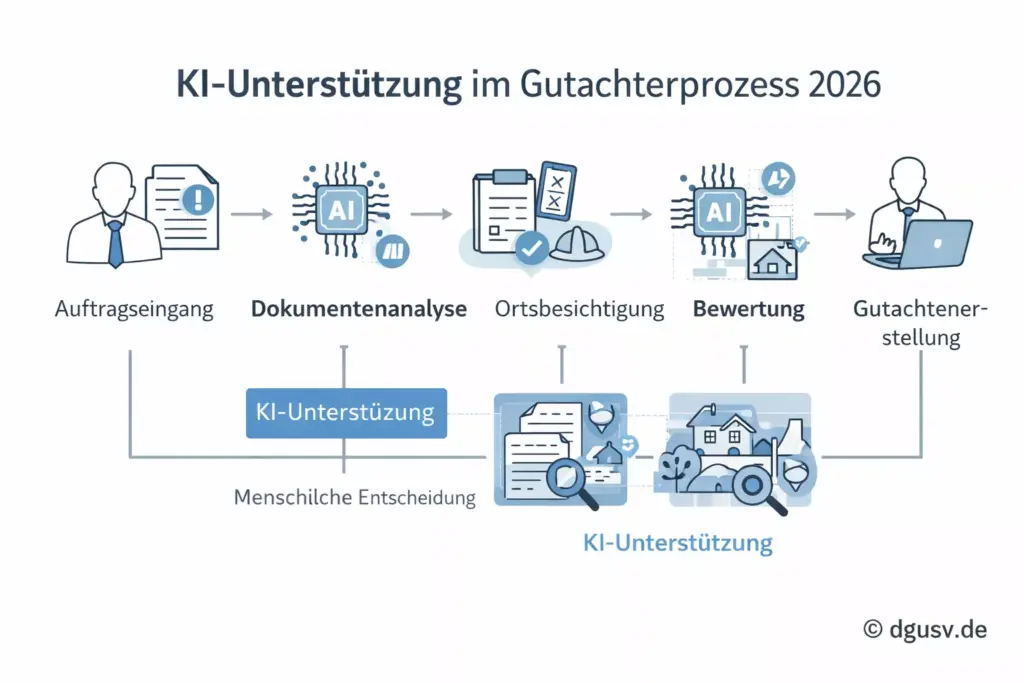 Prozessdarstellung zur Künstlichen Intelligenz im Sachverständigenwesen 2026 mit KI-Unterstützung im Gutachterprozess.