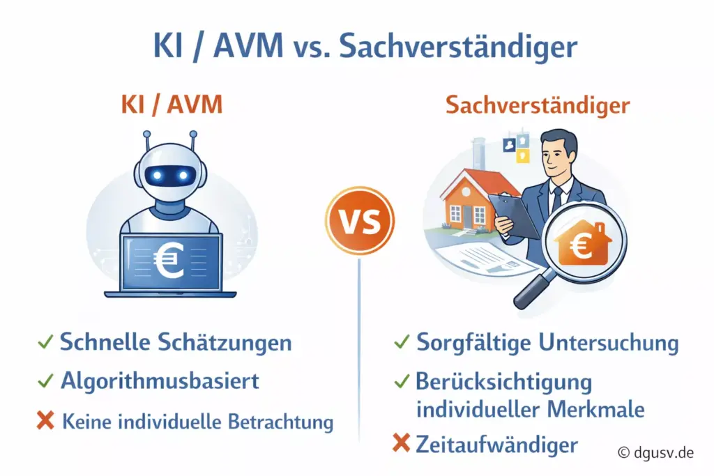Vergleich von KI und Sachverständigem bei Immobiliengutachten 2026 und deren Zusammenspiel.