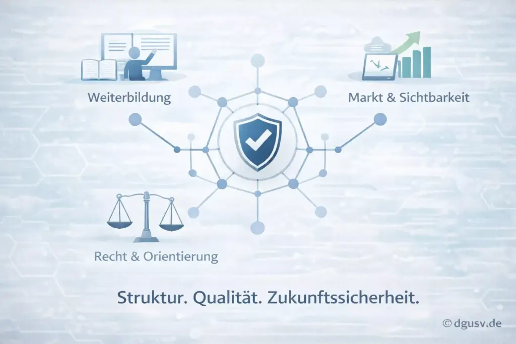 Grafische Darstellung der Vorteile einer Mitgliedschaft im DGuSV im Zusammenhang mit der Weiterbildungspflicht Gutachter 2026.