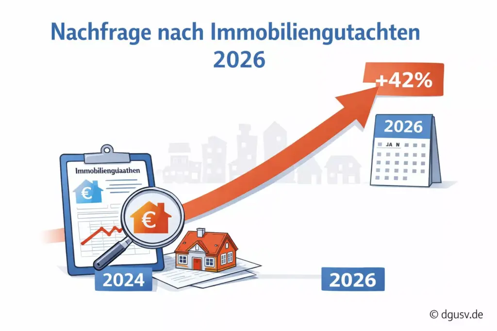 Infografik zur steigenden Nachfrage nach Immobiliengutachten 2026.