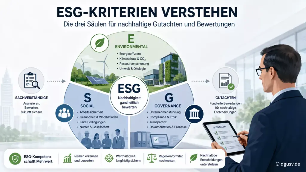 Illustration der ESG-Kriterien für nachhaltige Gutachten und deren Bedeutung für Sachverständige.