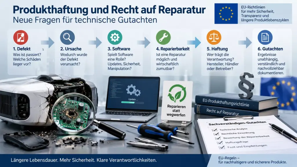 Grafik zur Produkthaftungsrichtlinie und zum Recht auf Reparatur für technische Gutachter und Sachverständige.