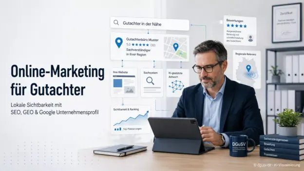 SEO für Gutachter und GEO für Gutachter zur lokalen Sichtbarkeit mit Google Unternehmensprofil und regionaler Online-Suche.