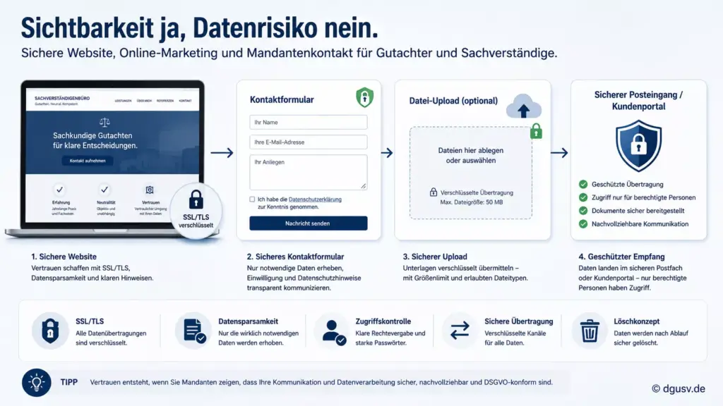 Sichere Website und verschlüsselter Mandantenkontakt für Gutachter und Sachverständige.