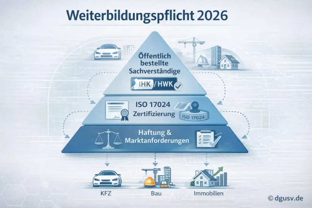 Grafische Darstellung der rechtlichen Grundlagen zur Weiterbildungspflicht Gutachter 2026 mit ISO 17024, Bestellung und Haftungsbezug.