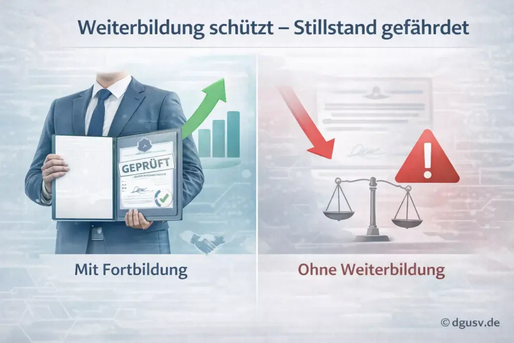 Vergleichsgrafik zu Risiken bei fehlender Weiterbildungspflicht Gutachter 2026 mit Haftung und Marktposition.