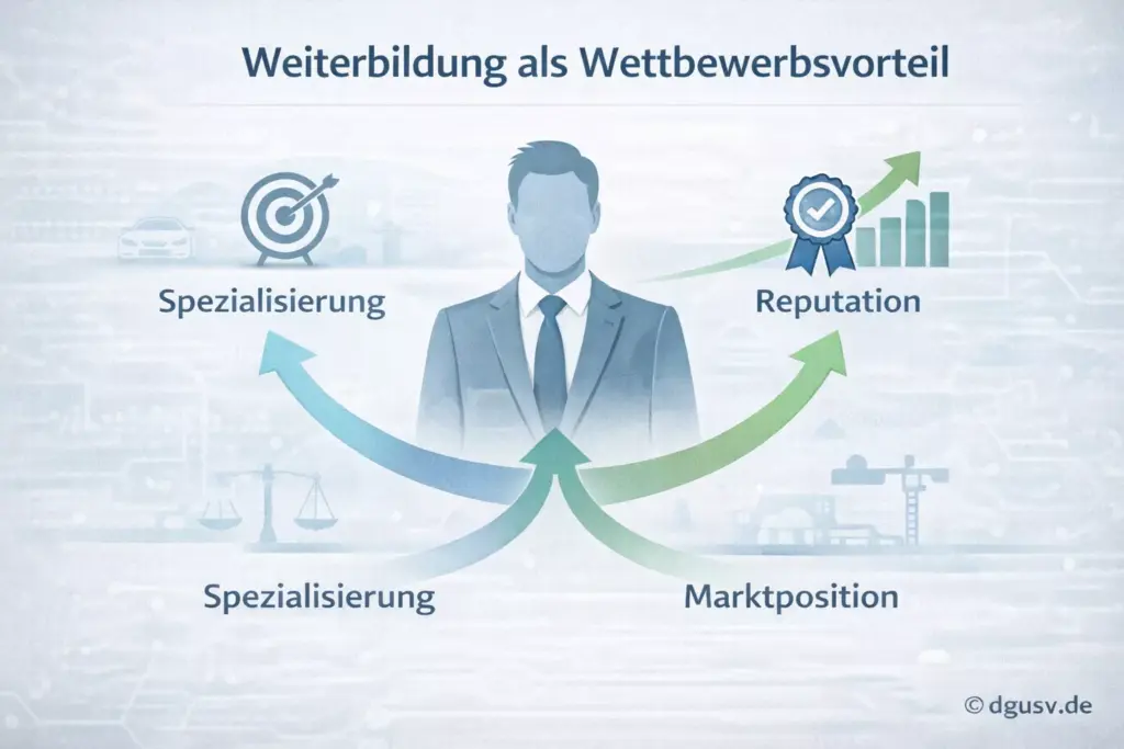 Strategische Darstellung der Weiterbildungspflicht Gutachter 2026 als Wettbewerbsvorteil für Sachverständige.